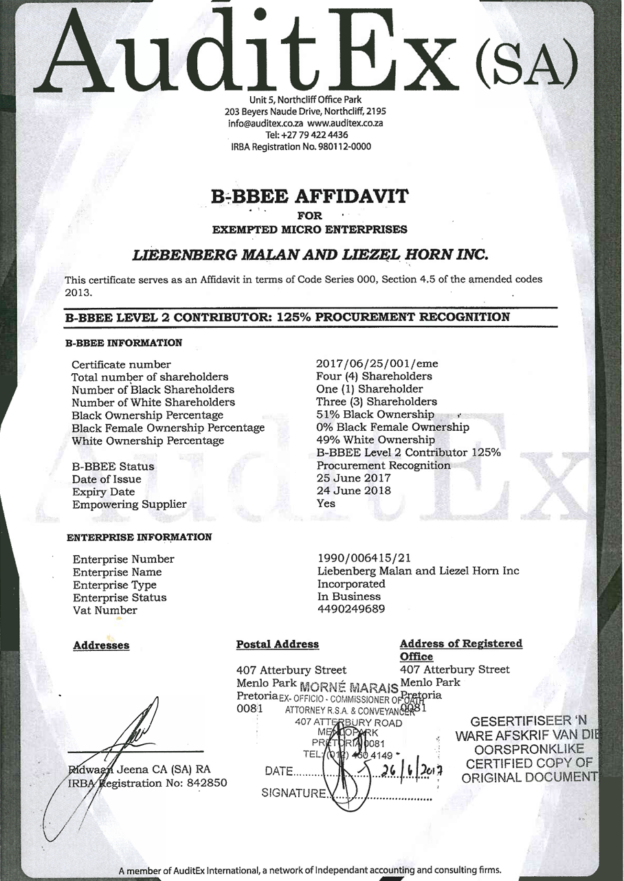 Liebenberg Malan & Liezel Horn Inc BEE Certificate